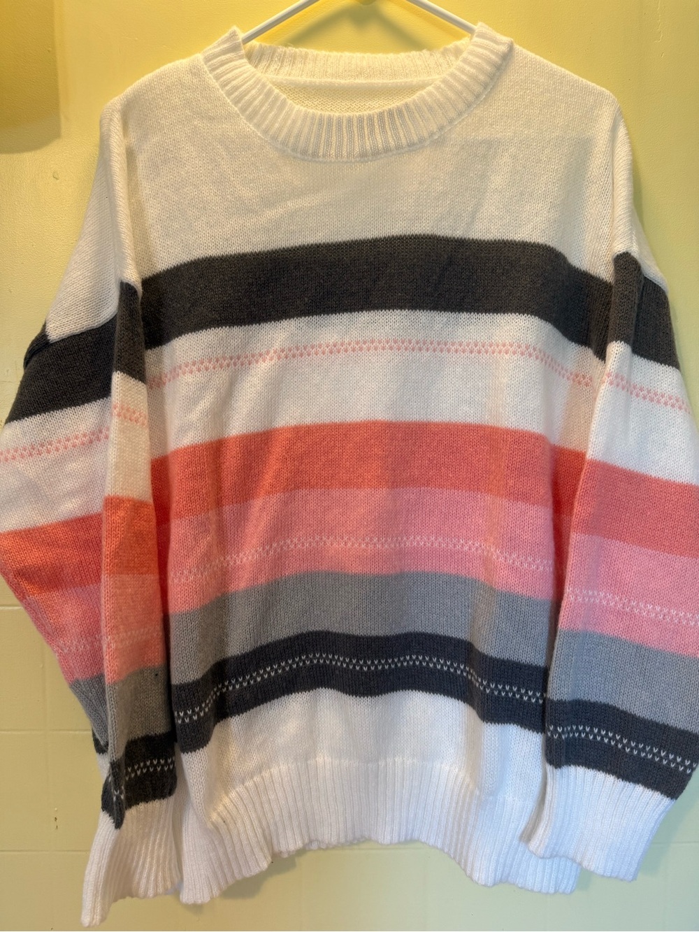 Women's Crewneck Striped Sweater - White, Pink & Gray